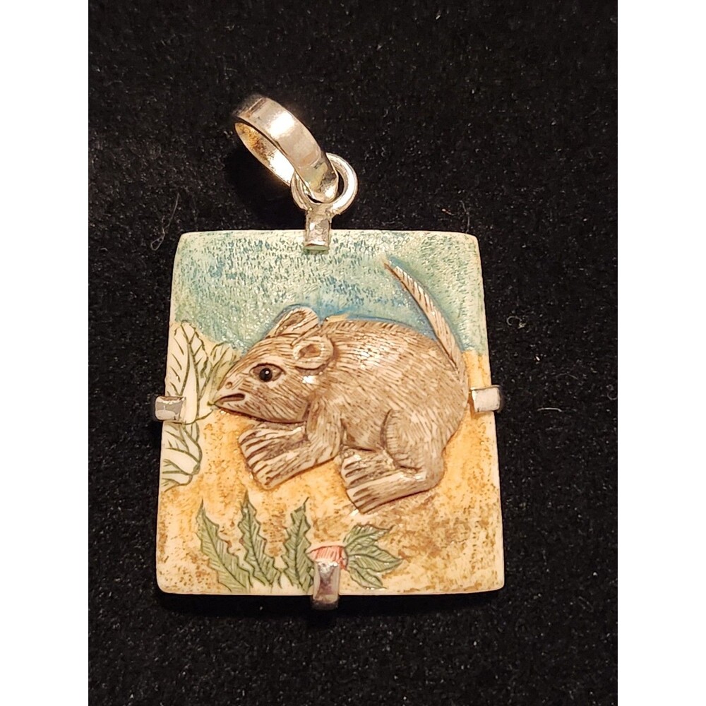 Vintage Sterling Silver Chinese Zodiac Mouse Pendant Hand Carved Painted Charm